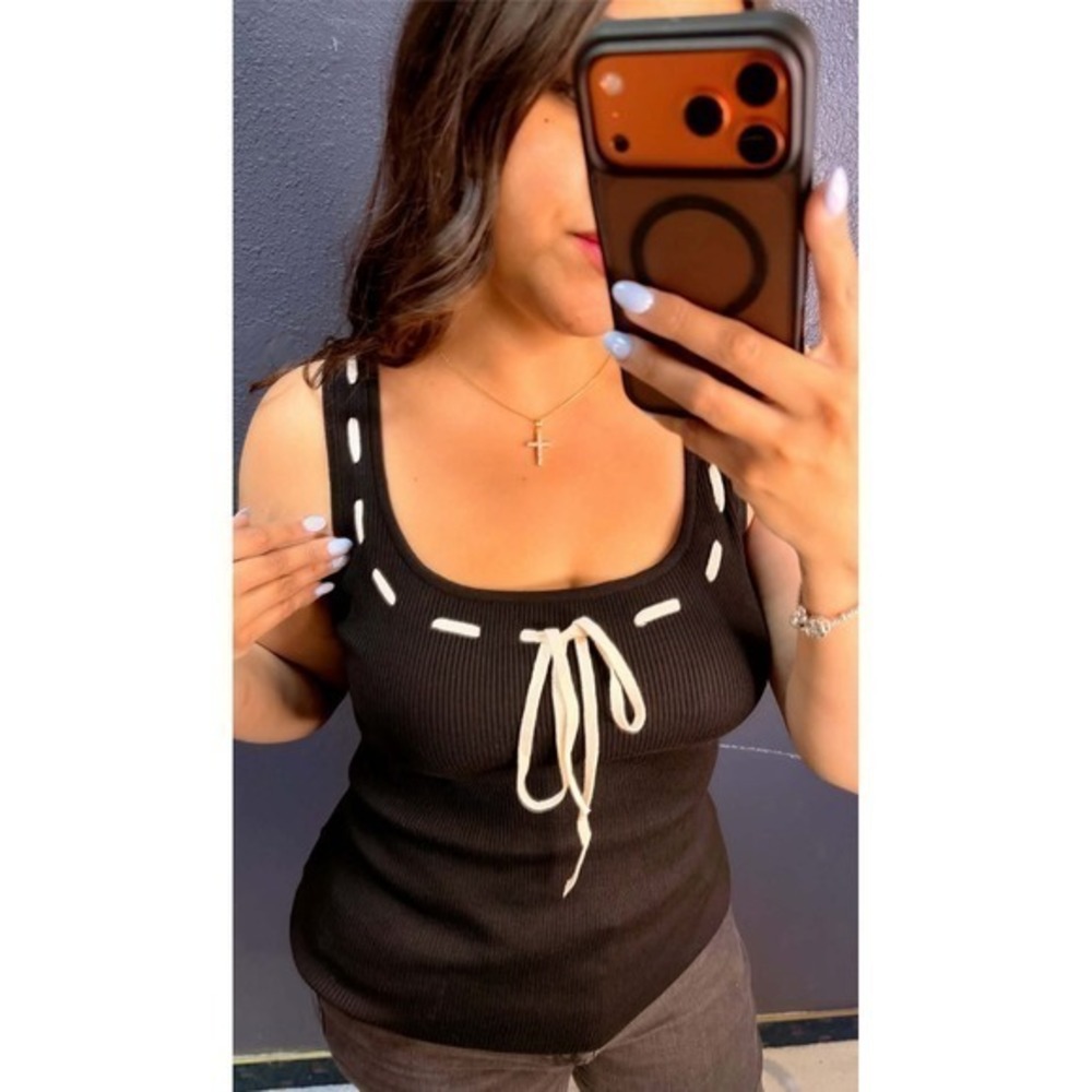 White Birch Women Black Ribbed Knit Tank Top Whipstitch Tie Front Scoop Neck L